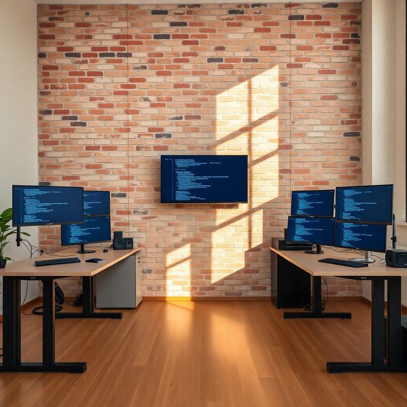 Studio startup a Reggio Emilia con parete in mattoni terracotta e scrivanie con monitor